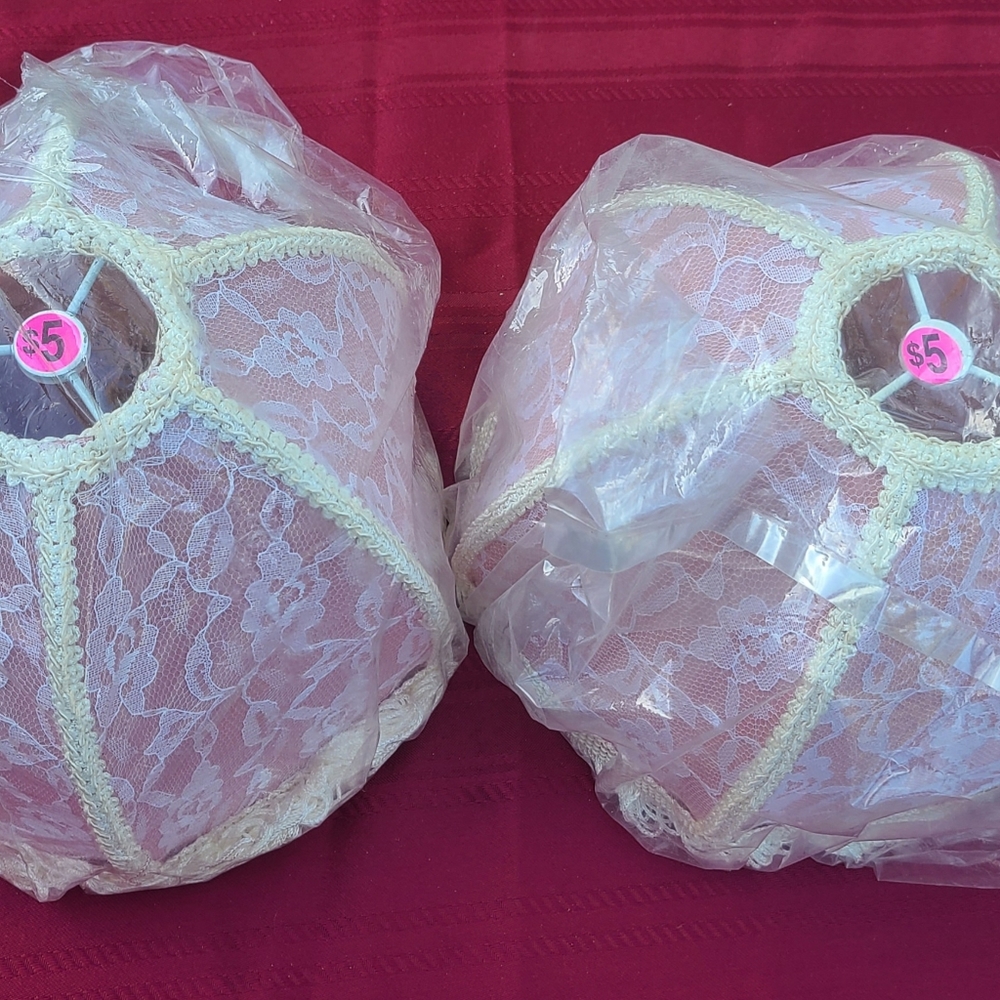 Vintage Pink and Lace Lampshades with Fringe accents. Two total. Brand new.